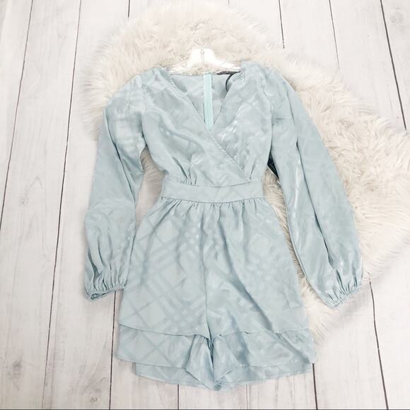 Lulu’s Geo My! Mint Blue Embossed Tiered‎ Romper - Picture 2 of 5